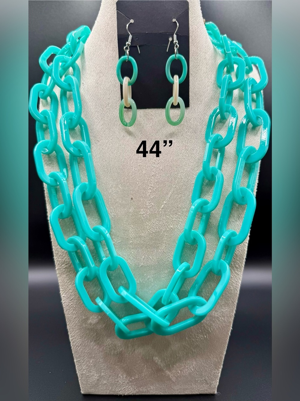 Turquoise Chain Link Necklace and Earring Set - 44"
